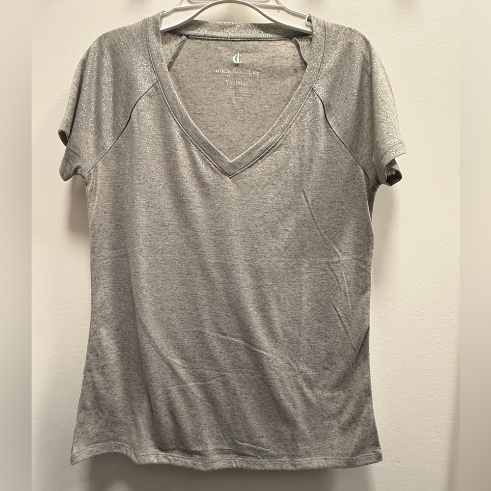 Juicy Couture Sparkly Silver V-Neck Short Sleeve Tee
